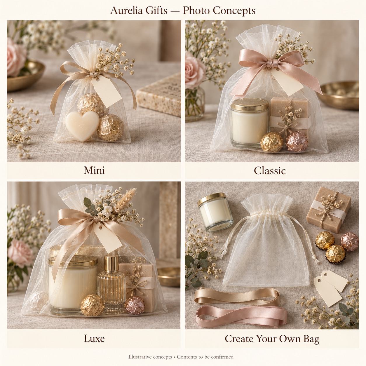Empty organza gift bag with ribbons, tags and gift items to choose from